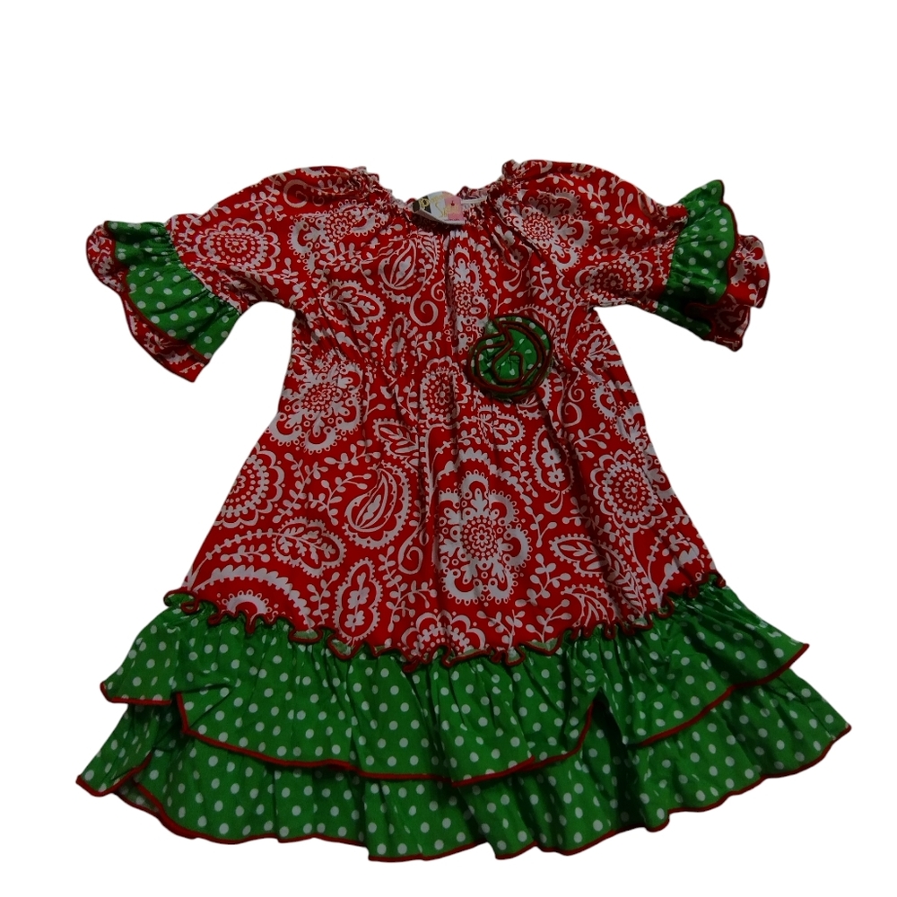 💚 EUC Banana Red and Green Paisley Dress Ruffles Polka Dot 18M Christmas